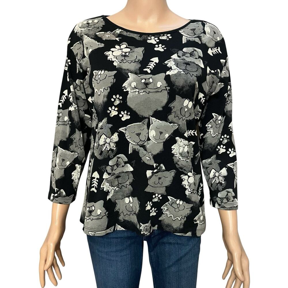 Jess And Jane Cartoon Cat Print Tshirt Medium Rhinestone 3/4 Sleeve Black Artsy